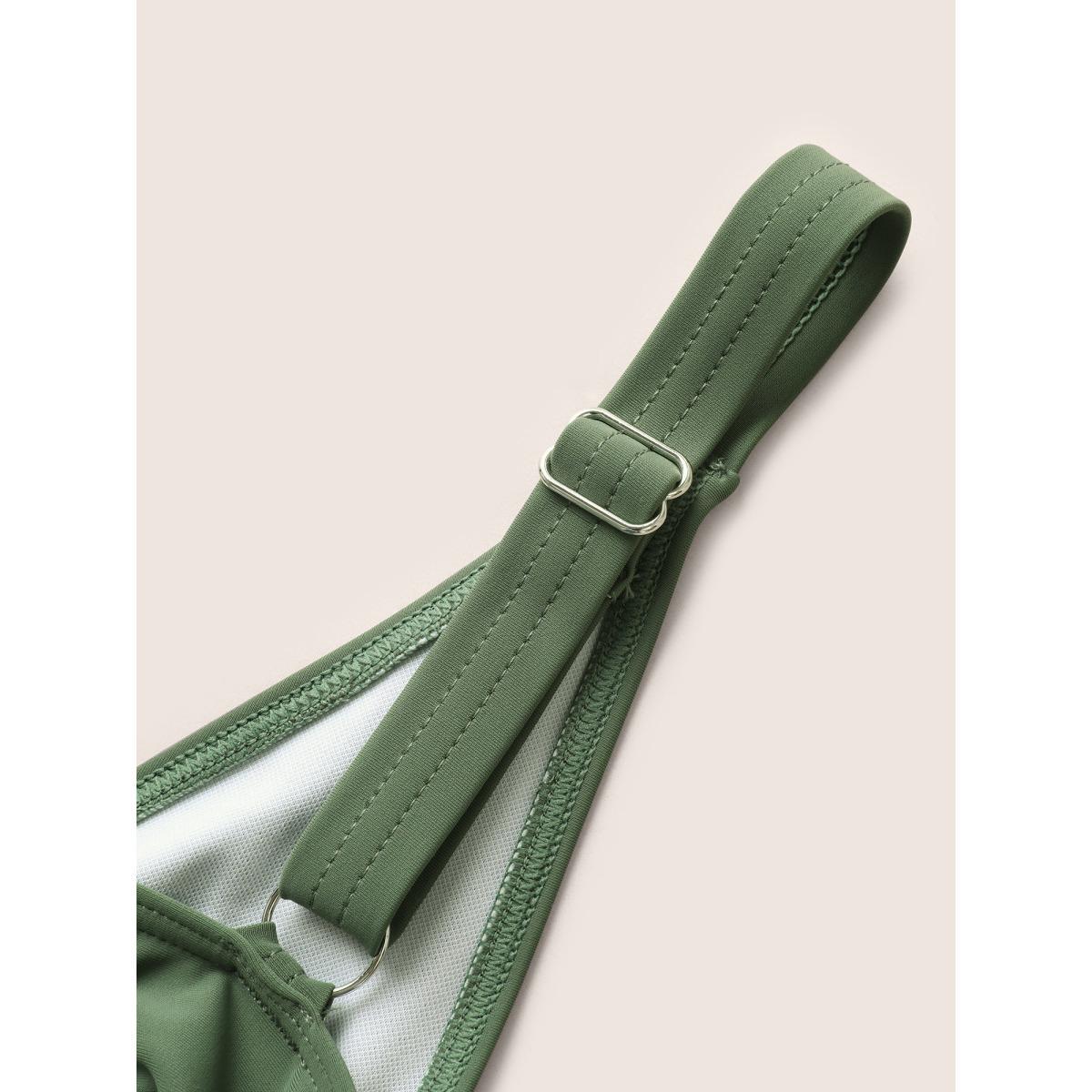 Plus Size Plain Twist Front Gathered Swim Dress Women's Swimwear ArmyGreen Beach Bodycon V-neck High stretch Curve Swim Dresses BloomChic 12/L Product Image