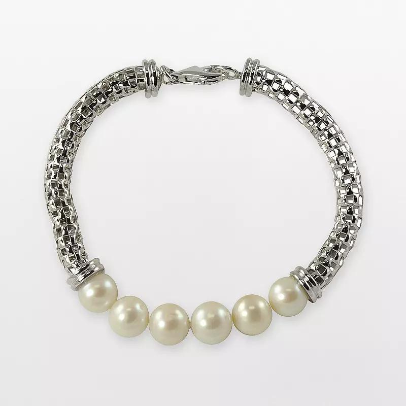 Sterling Silver Freshwater Cultured Pearl Mesh Chain Bracelet, Womens Product Image