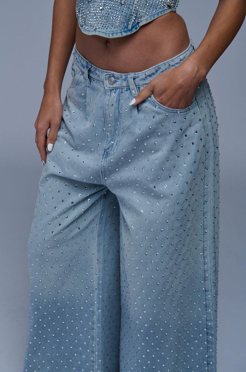 DAZZLED RHINESTONE STUDDED DENIM PANTS Product Image