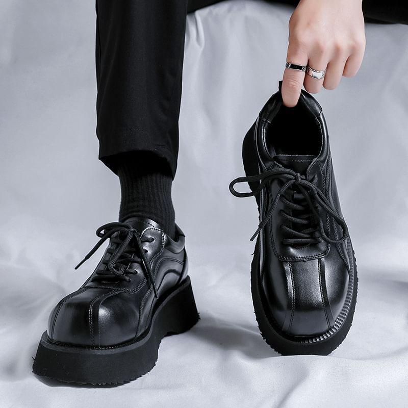 Platform Plain Lace-Up Faux Leather Shoes Product Image