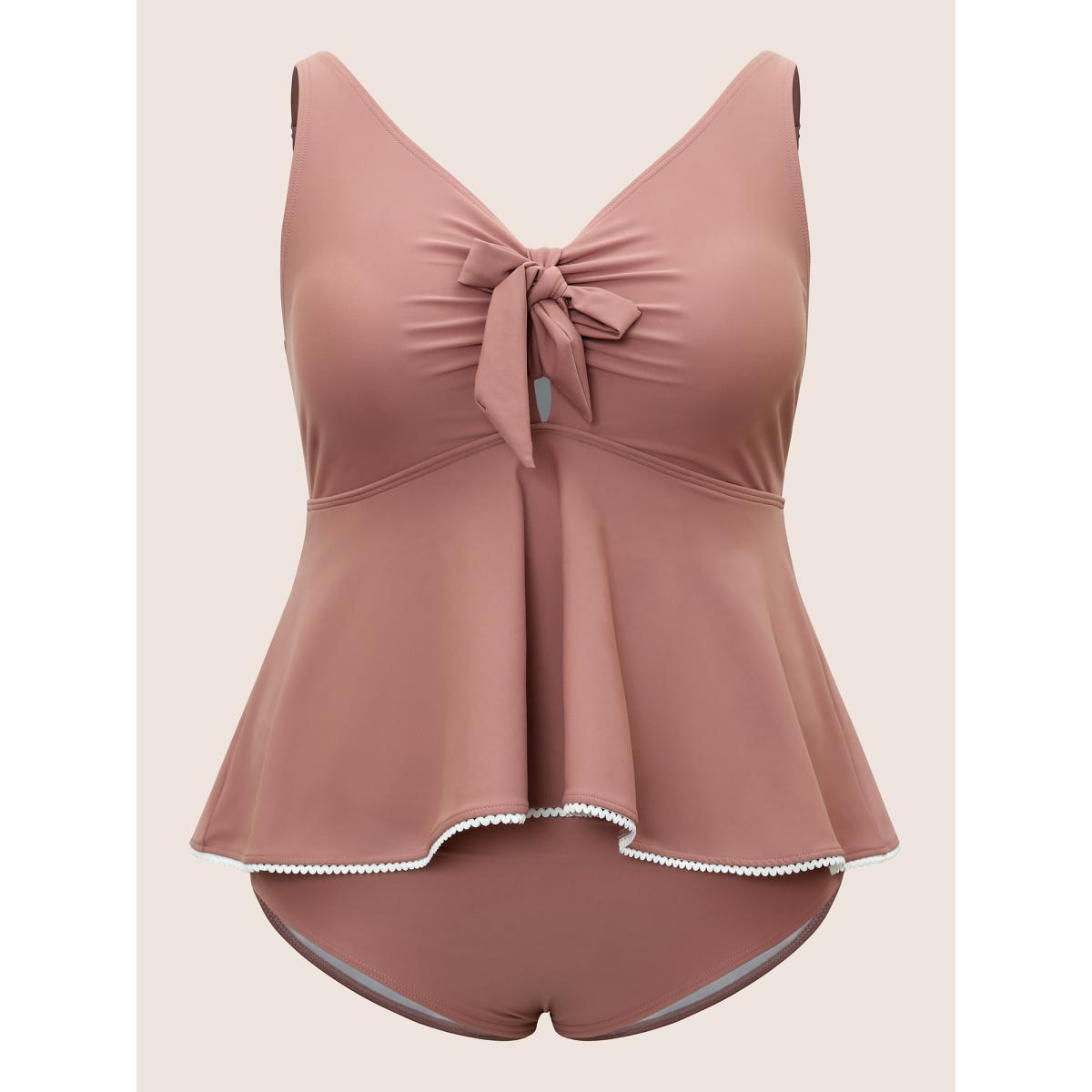 Plus Size Lace Trim Bowknot Front Ruched One Piece Swimsuit Women's Swimwear Rouge Beach Gathered Curve Bathing Suits High stretch One Pieces BloomChic 14-16/1X Product Image