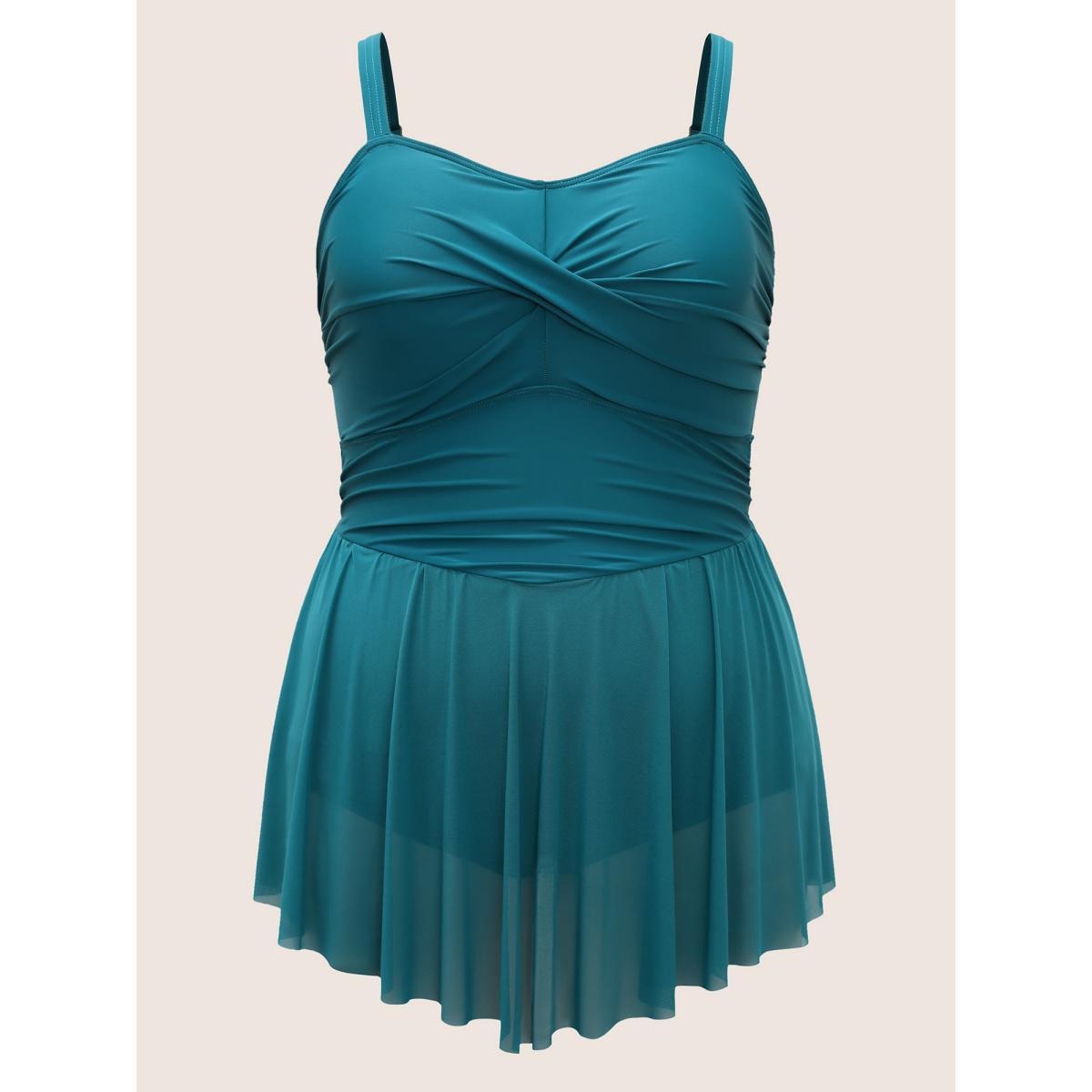 Plus Size Solid Twist Front Heart Neckline Swim Dress Women's Swimwear Teal Beach Bodycon Heart neckline High stretch Curve Swim Dresses BloomChic 30/6X Product Image