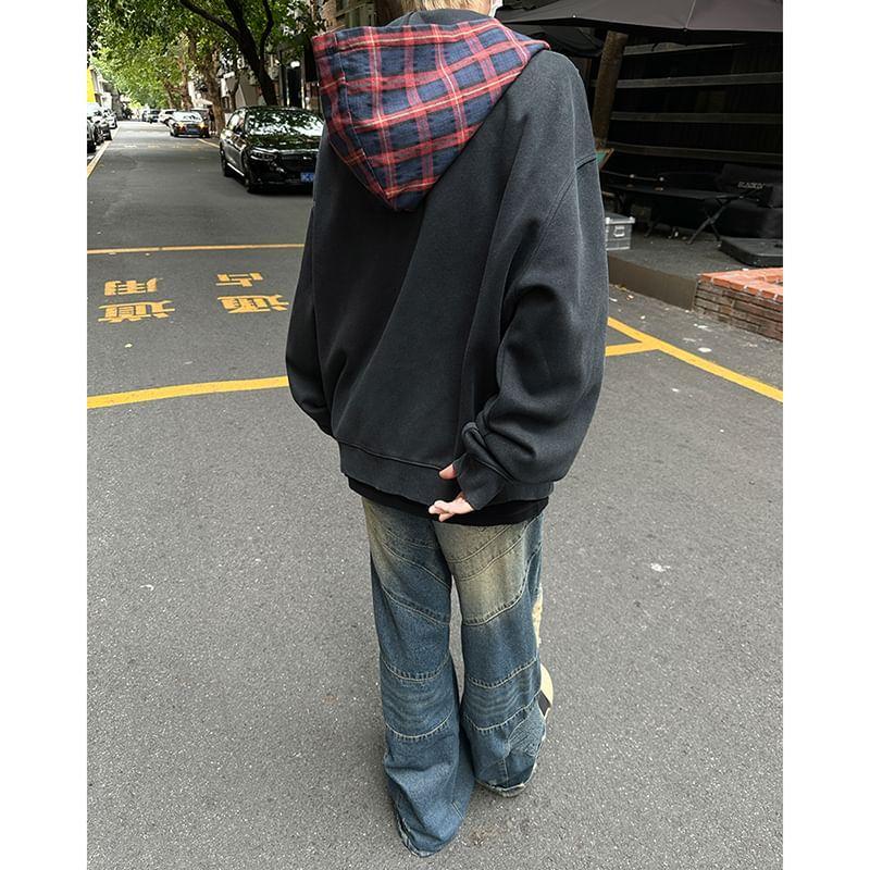 Plaid Panel Hooded Zip-Up Jacket Product Image