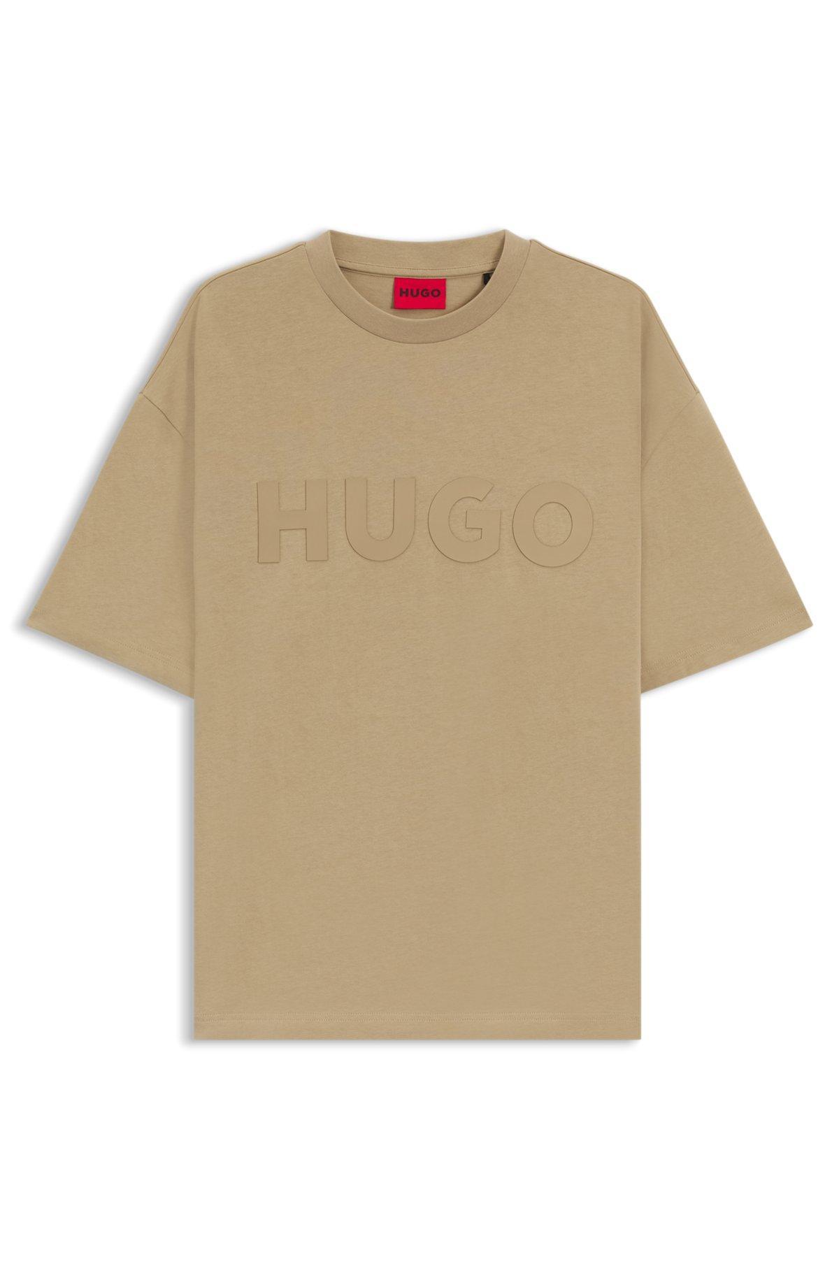 HUGO - Oversize-fit T-shirt in cotton with decorative reflective logo - Beige Product Image