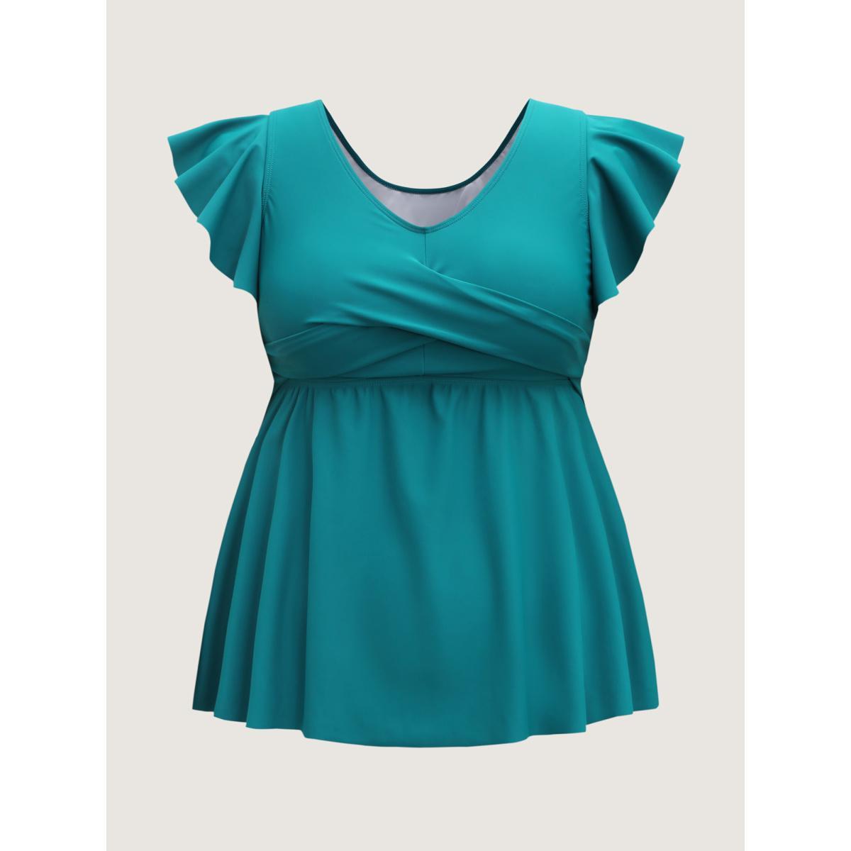 Plus Size Twist Front Fit and Flare Swim Top Women's Swimwear Teal Beach Twist High stretch Bodycon V-neck Curve Swim Tops BloomChic 22-24/3X Product Image