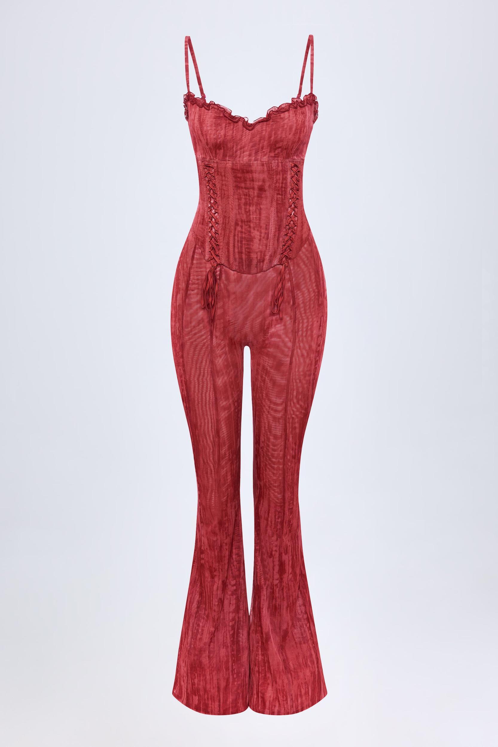 Ruffled Mid-Rise Flared Trousers in Red Print Product Image