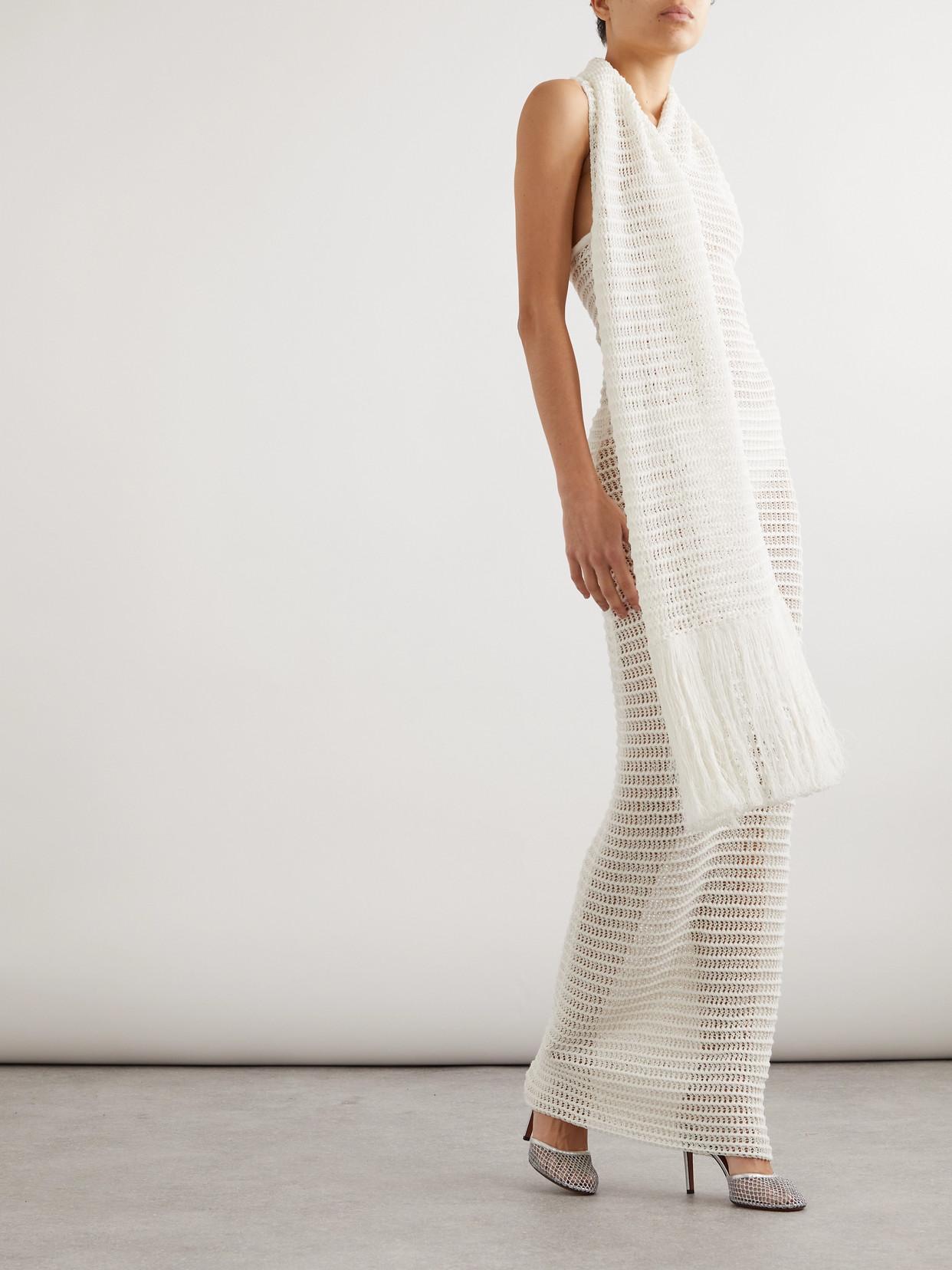 ALAÏA White Fringed Maxi Dress In 000 - Blanc Product Image