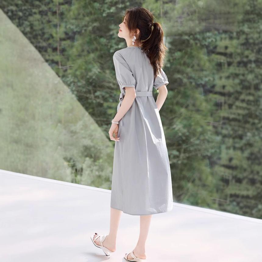 Short-Sleeve Notch Neck Plain Sashed Midi A-Line Dress Product Image