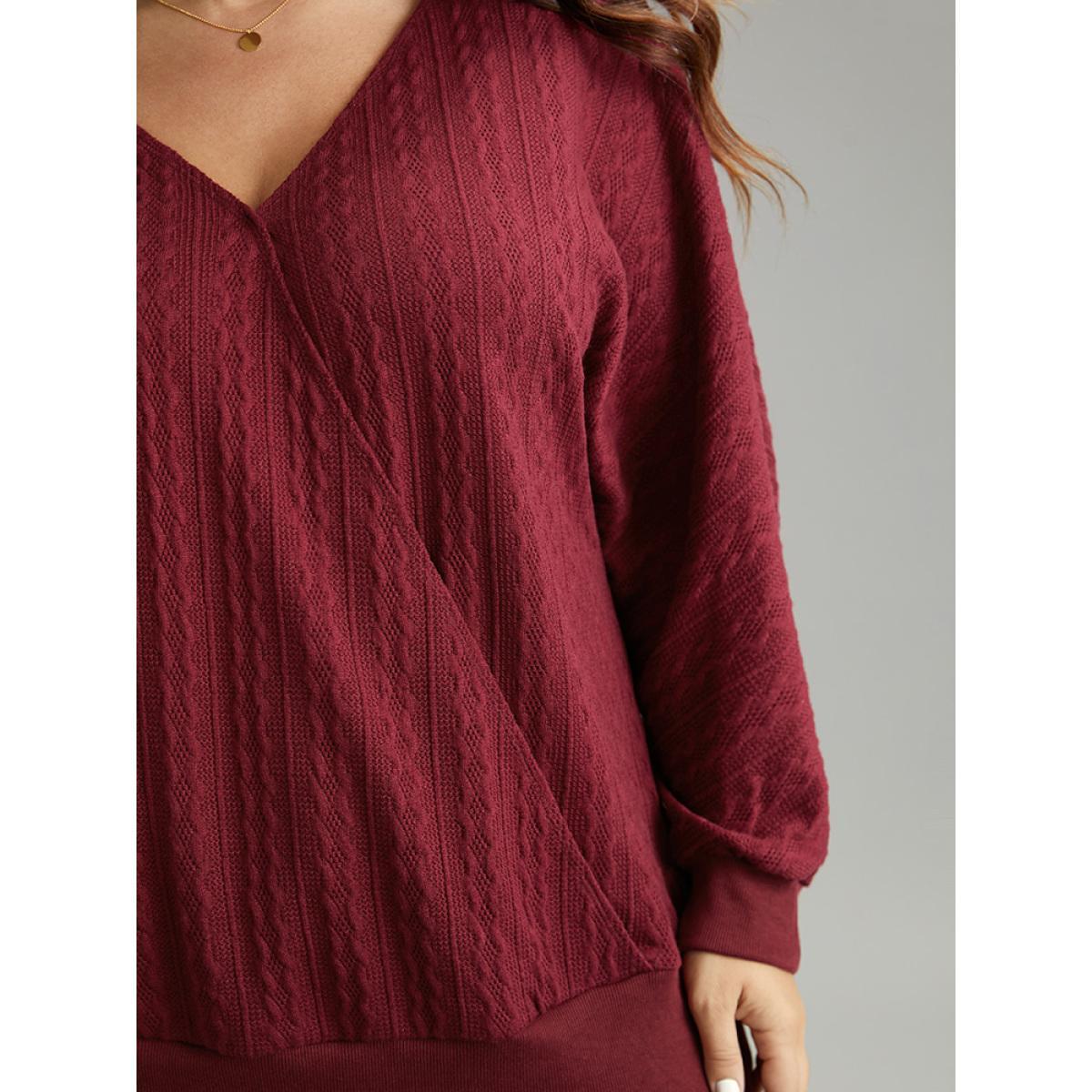 Plus Size Solid Rib Knit V Neck Sweatshirt Women Burgundy Casual Rib Knit V-neck Dailywear Sweatshirts BloomChic 26/4X Product Image