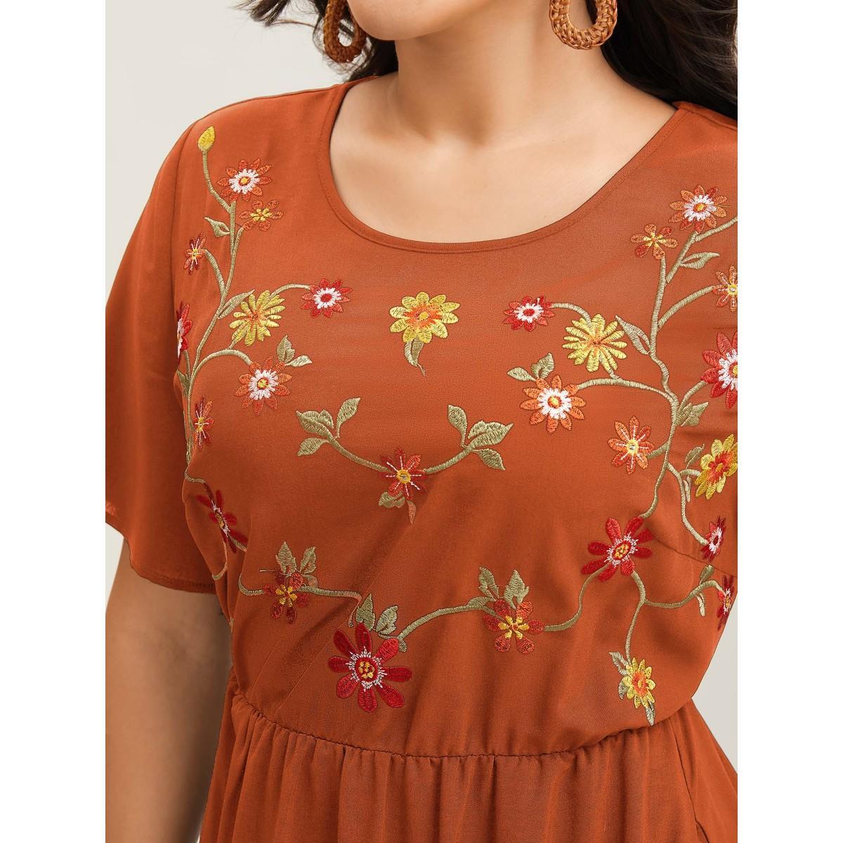 Plus Size Floral Embroidered Waist-Cinched Midi Dress Brightorange Women Round Neck Short sleeve Curvy BloomChic 12/L Product Image