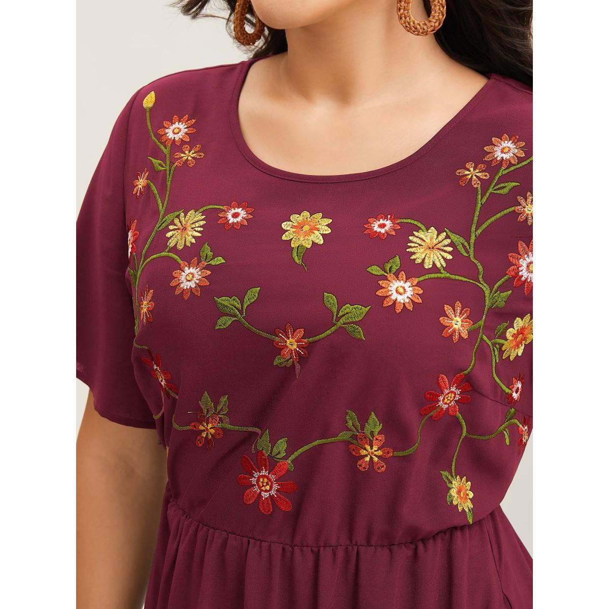 Plus Size Floral Embroidered Waist-Cinched Midi Dress Truegreen Women Round Neck Short sleeve Curvy BloomChic 18-20/2X Product Image