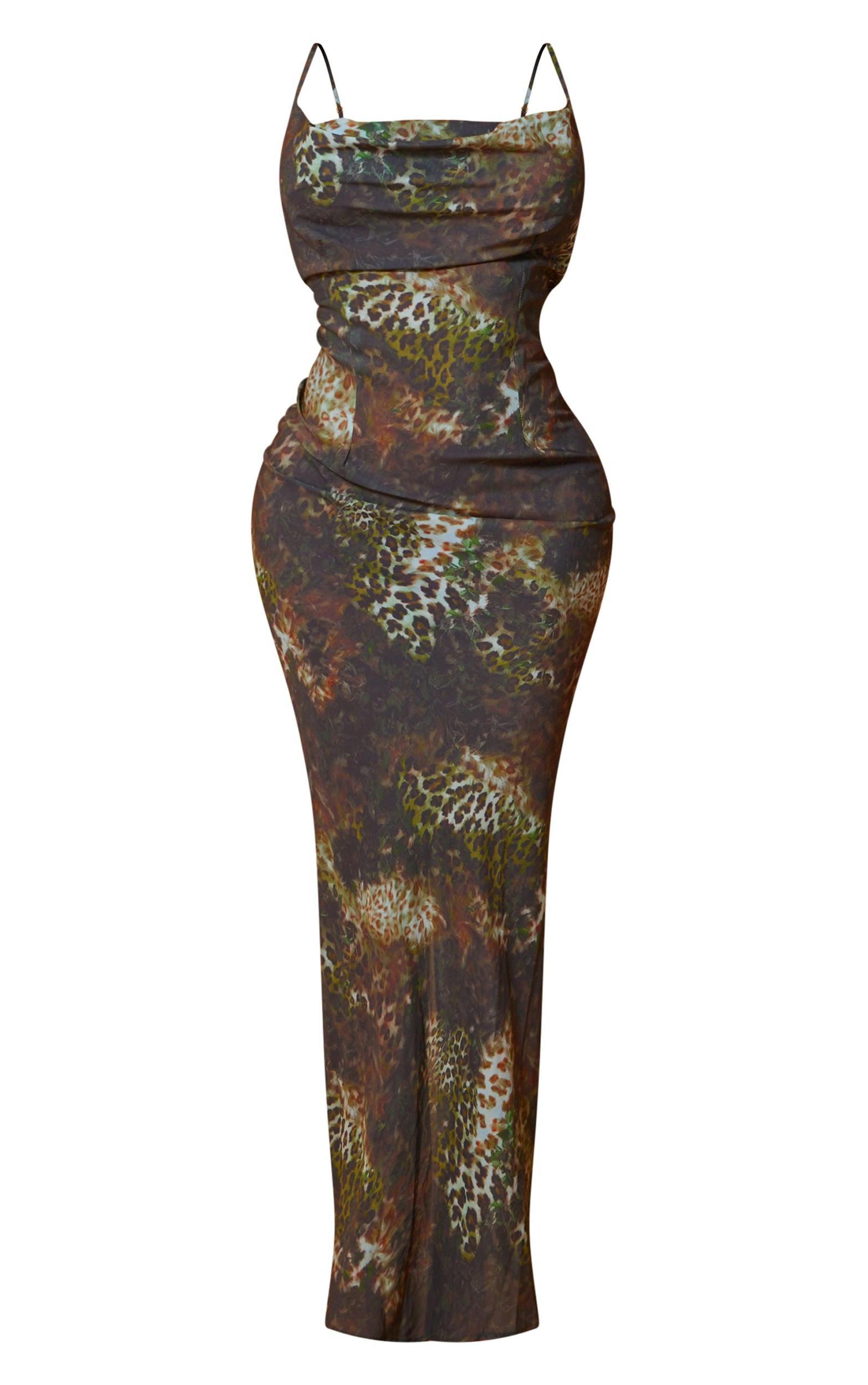 Shape Green Leopard Printed Woven Cowl Neck Maxi Dress Product Image