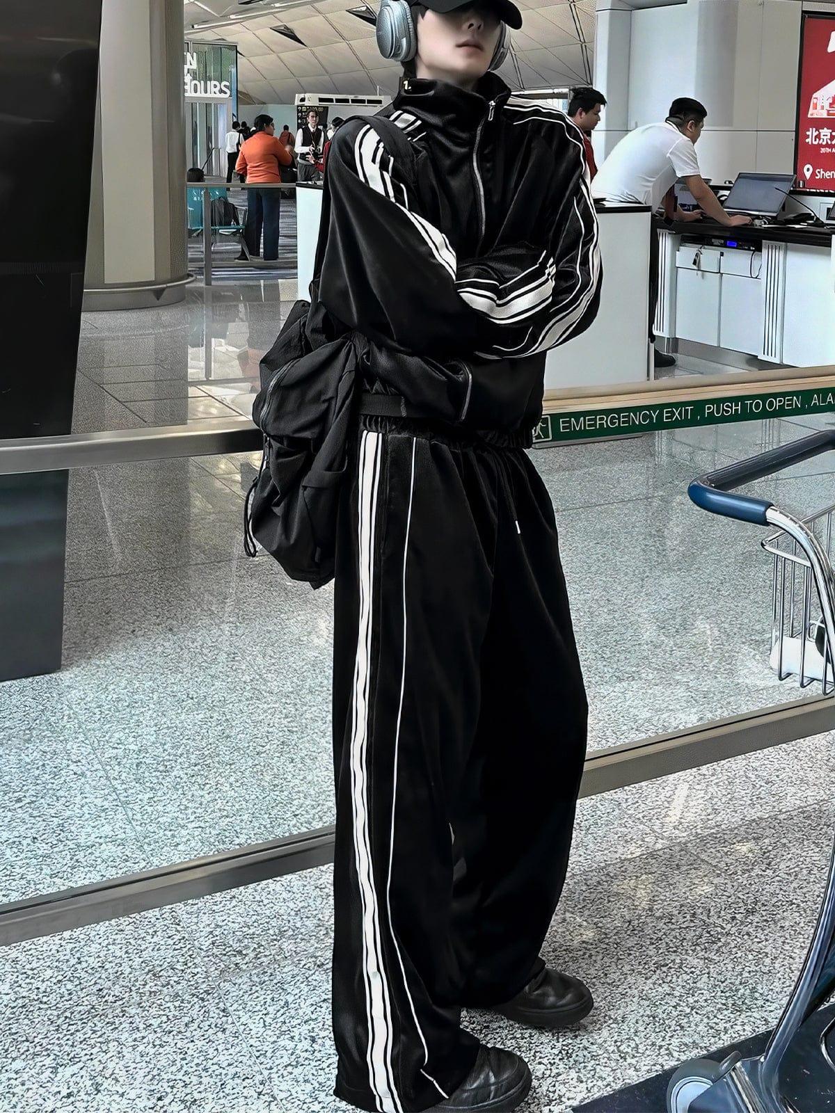 RT No. 12679 BLACK STRIPED ZIP-UP SWEATER & SPORT PANTS Product Image