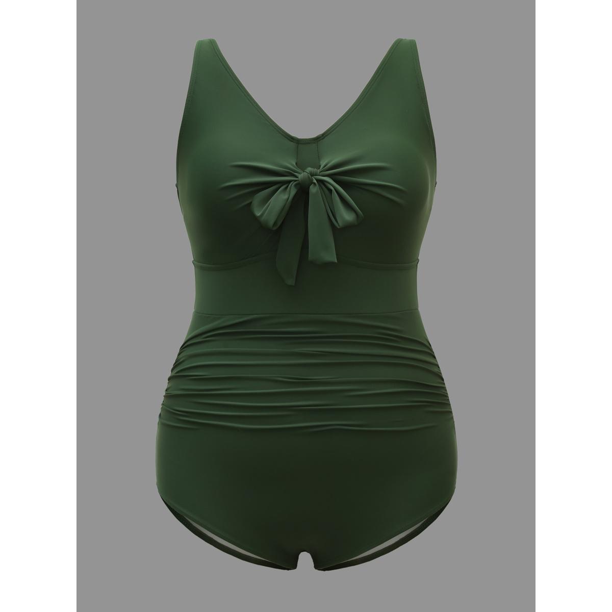 Plus Size Adjustable Bust-Tie Gathered One-Piece Swimsuit Women's Swimwear ArmyGreen Beach Tie knot Curve Bathing Suits High stretch One Pieces BloomChic 30/6X Product Image