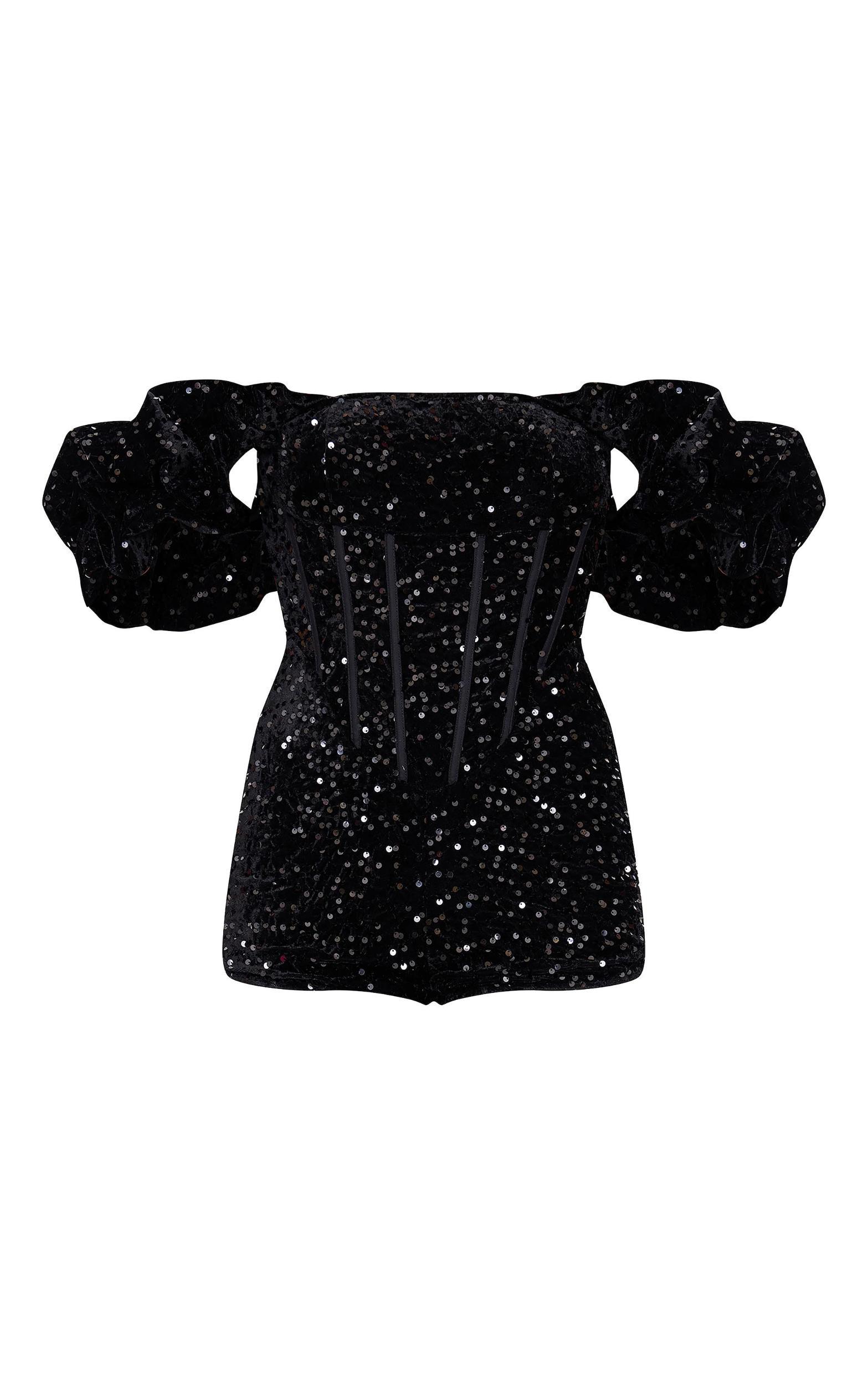 Black Velvet Sequin Puff Sleeve Romper Product Image