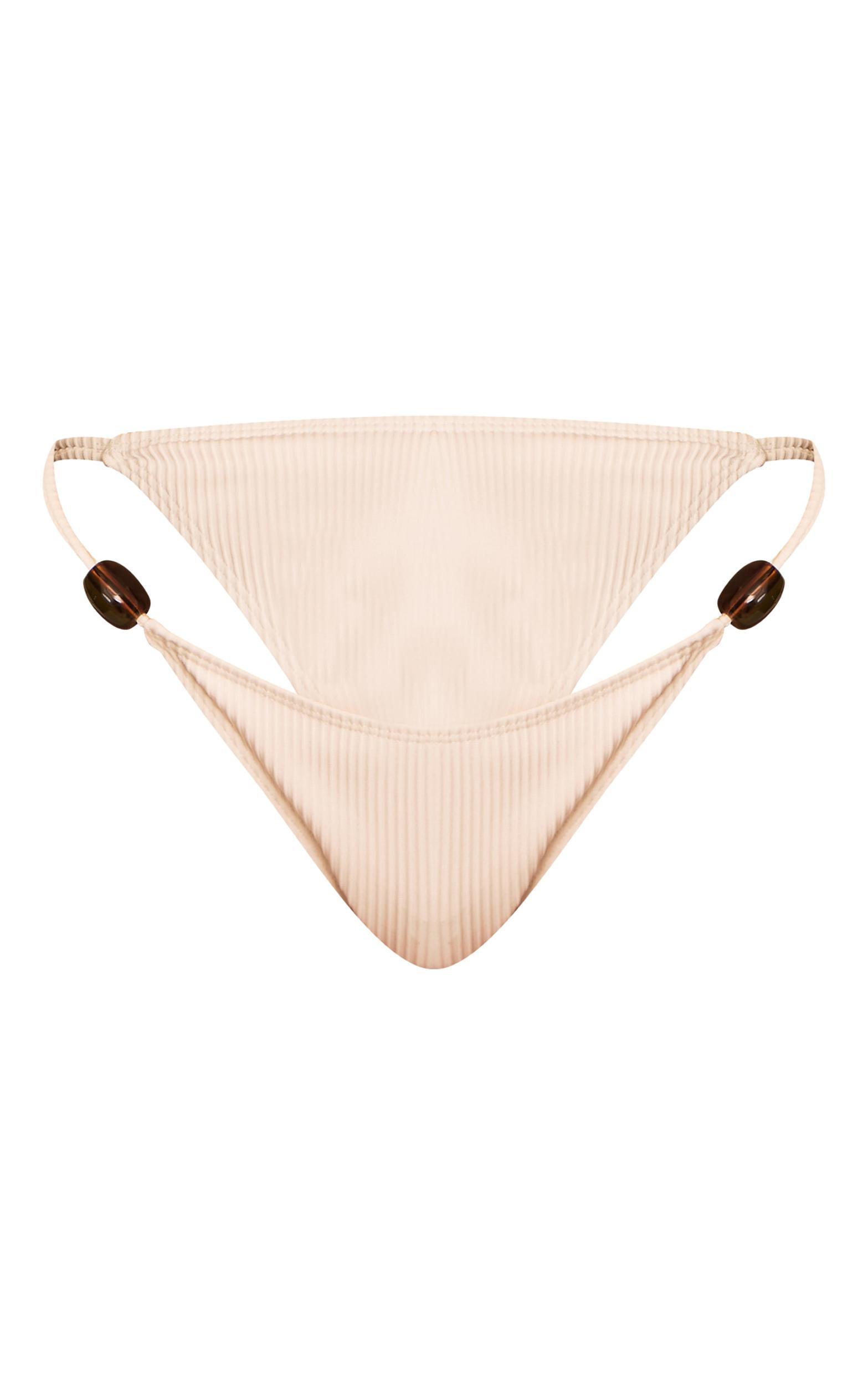 Ivory Ribbed Bead Trim Tanga Bikini Bottoms Product Image