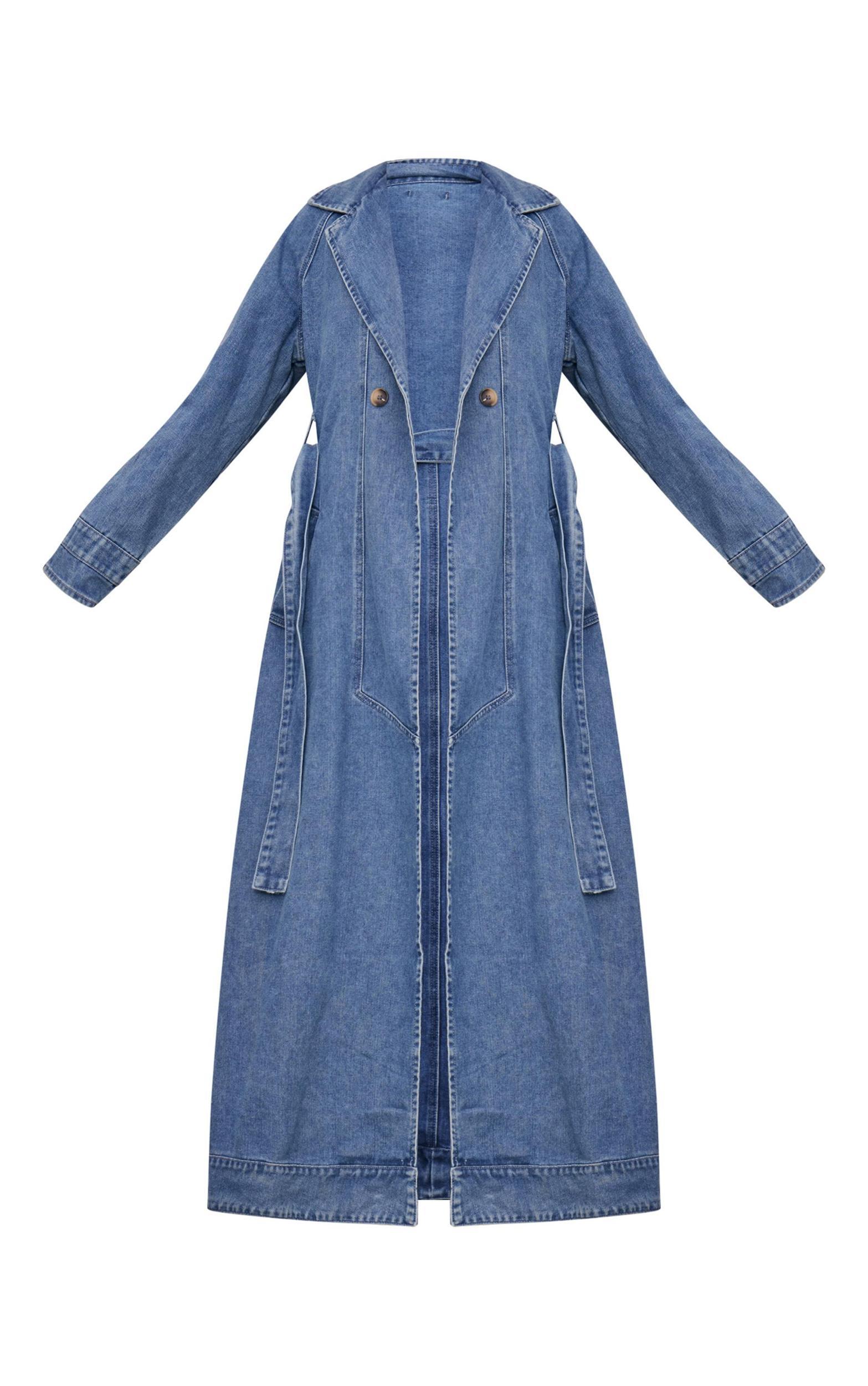 Tall Mid Blue Wash Belt Detail Denim Trench Coat Product Image