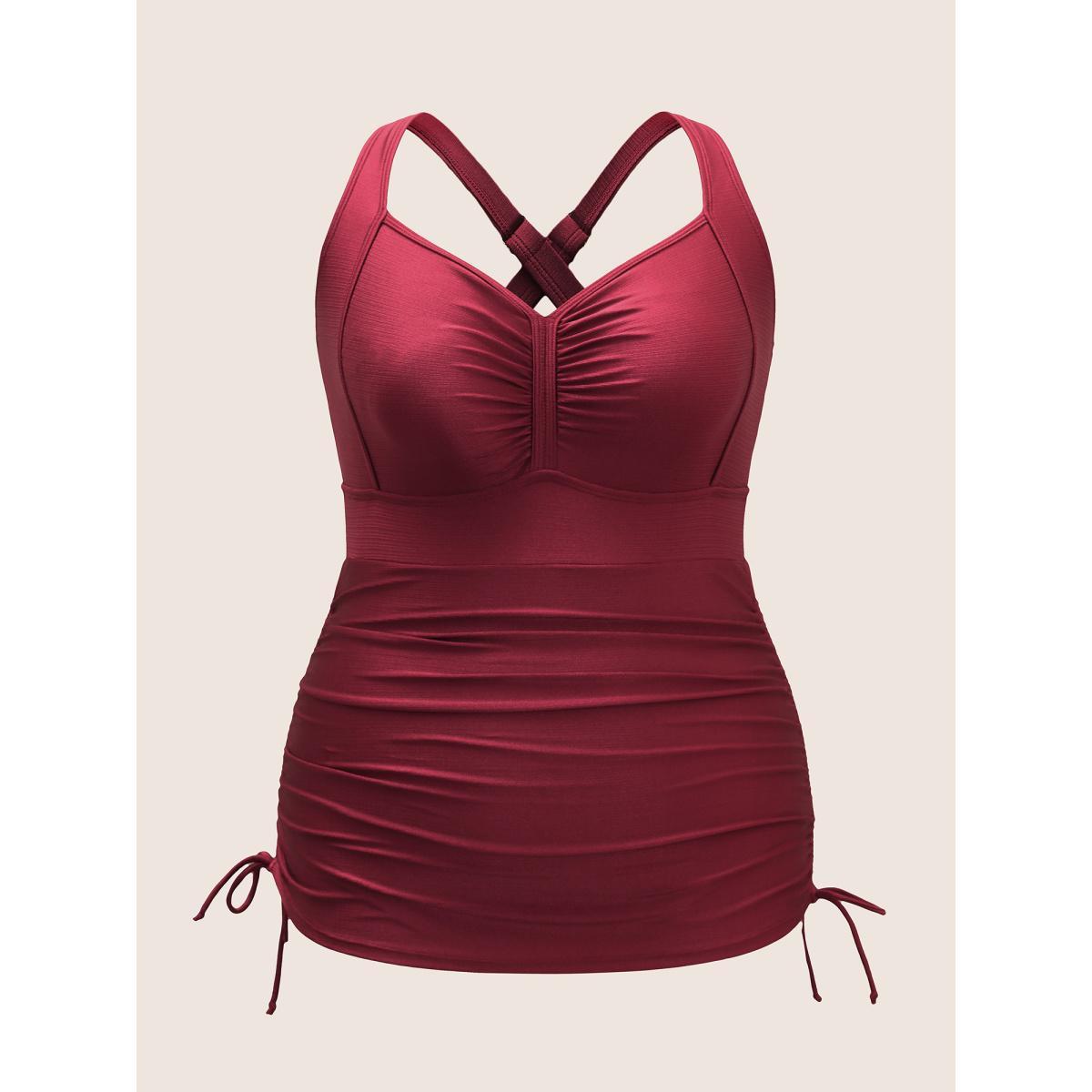 Plus Size Ruched Skinny Drawstring Heart Neckline One Piece Swimsuit Women's Swimwear Burgundy Beach Gathered Curve Bathing Suits High stretch One Pieces BloomChic 28/5X Product Image
