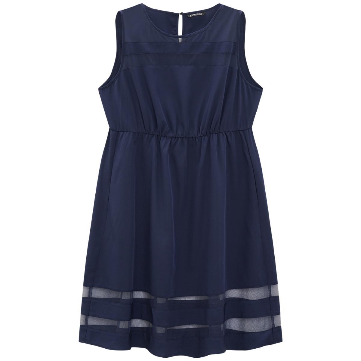 Plus Size Mesh Patchwork Pocket Elastic Waist Gathered Tank Dress DarkBlue Women Elegant Gathered Round Neck Sleeveless Curvy Knee Dress BloomChic 30/6X Product Image