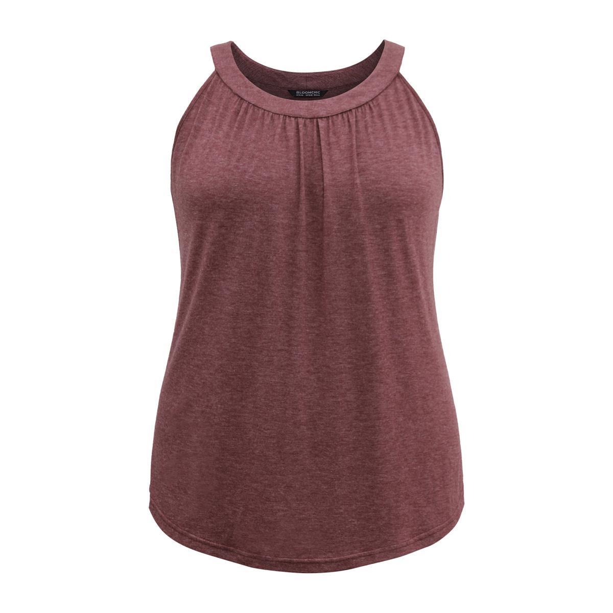 Plus Size Solid Round Neck Gathered Tank Top Women Russet Casual Gathered Round Neck Dailywear Tank Tops Camis BloomChic 26/4X Product Image