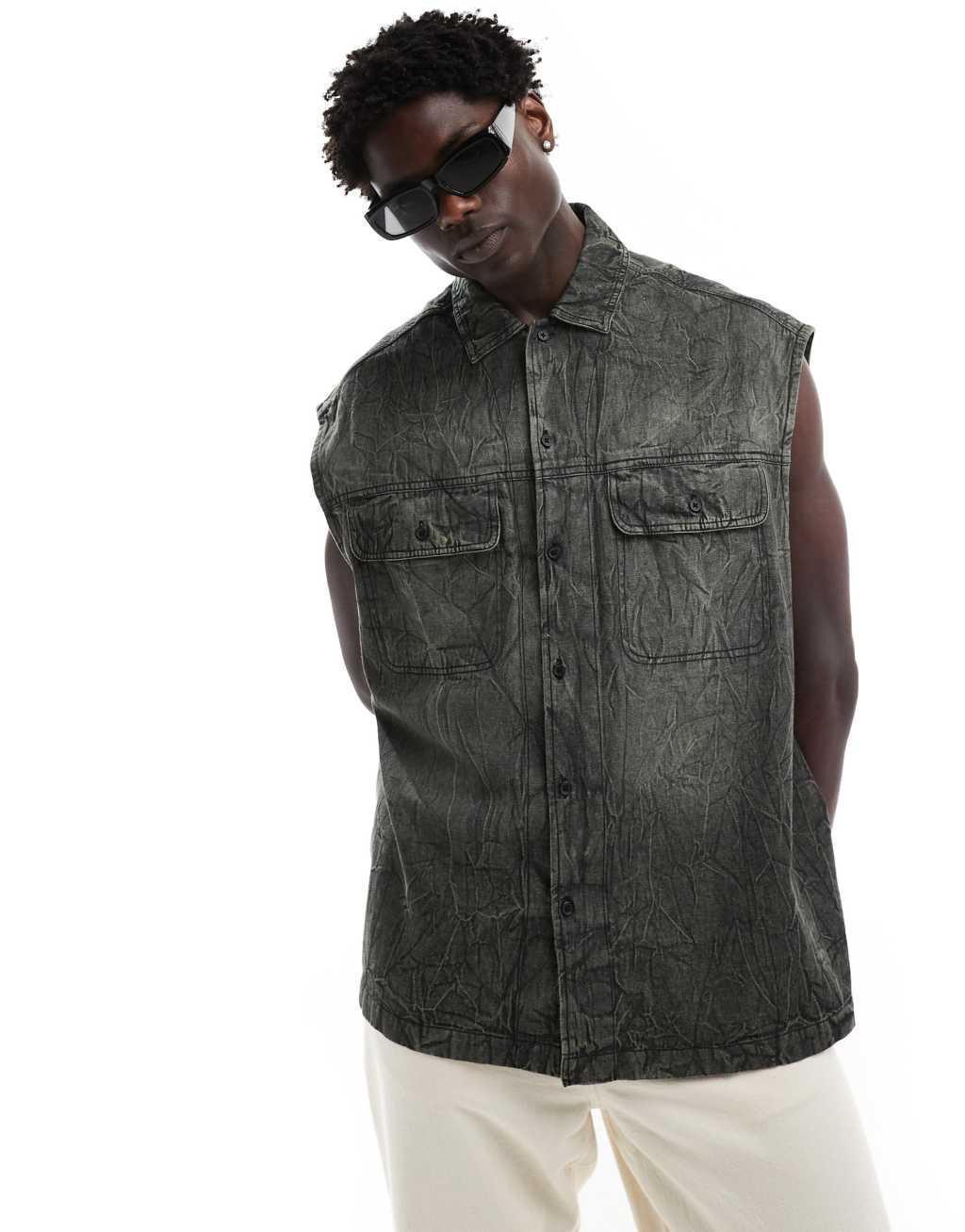 ASOS DESIGN 90s oversized sleeveless denim shirt in washed black  Product Image
