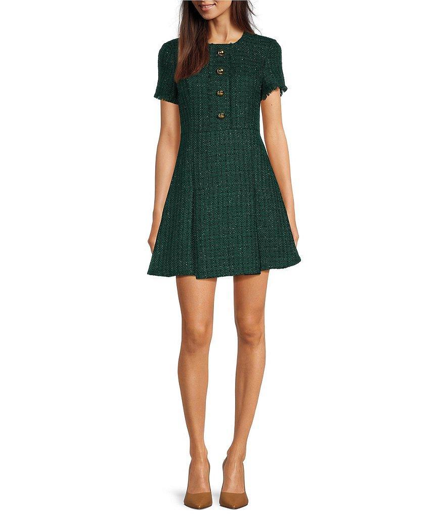 Sail To Sable x Style Charade Textured Metallic Tweed Round Neck Short Sleeve Fringe Trim A-Line Dress Product Image