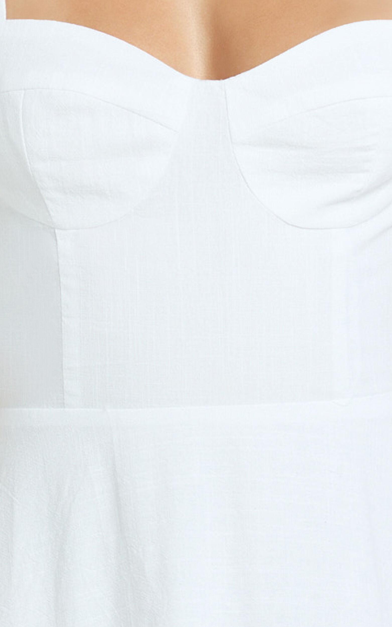 Tymia Midi Dress - Shoulder Tie Bustier Shirred Back A Line in White Product Image