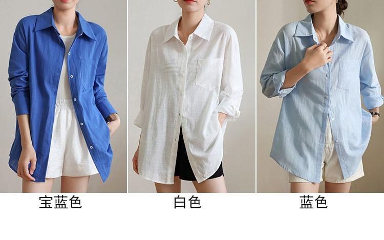 Long Sleeve Lapel Collar Plain Button Shirt Product Image
