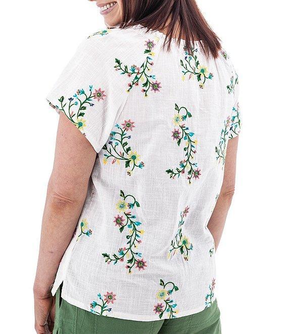 Aventura Lorena Floral Embroidery Split V-Neck Raglan Sleeves Mini Ruched Woven Top Product Image