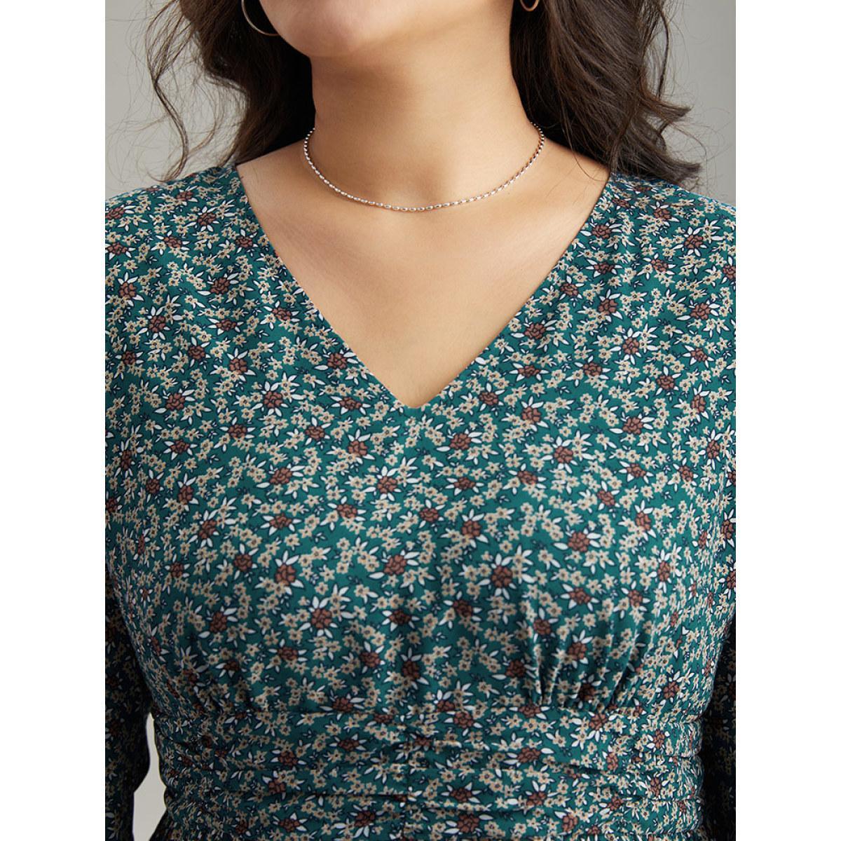 Plus Size DarkGreen Chiffon Ditsy Floral Elastic Waist Ruffle Hem Blouse Women Elegant Long Sleeve V-neck Everyday Blouses BloomChic 26/4X Product Image