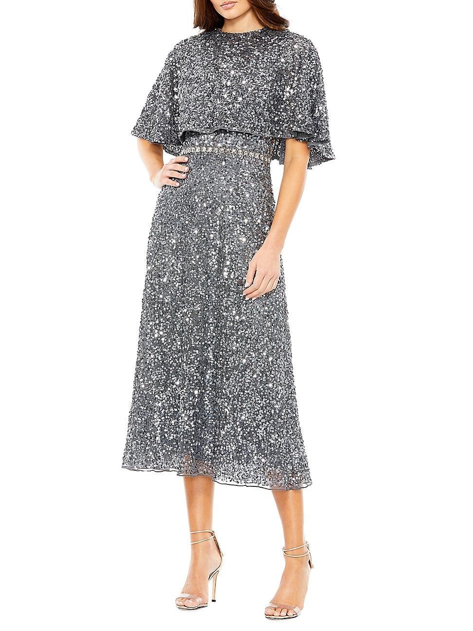 Mac Duggal Sequin Crew Neck Short Sleeve Cape Back Midi Dress Product Image