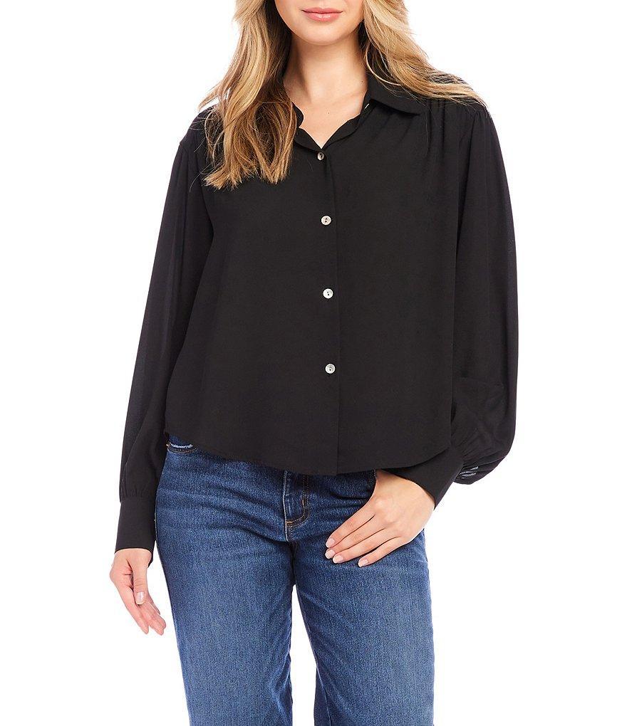 Karen Kane Silky Crepe Collared Long Sleeve Blouse Product Image