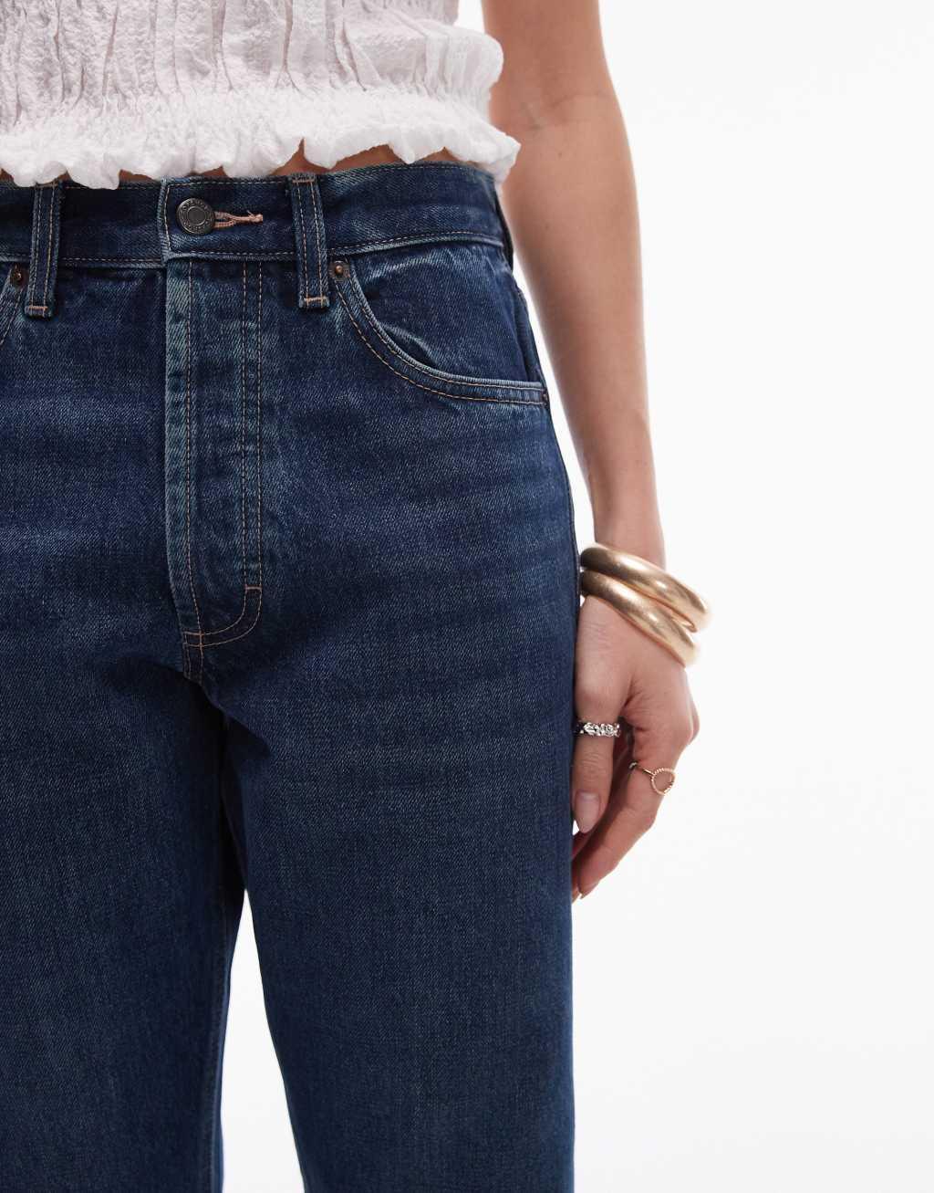 Topshop Kort high rise straight jean in tinted dark blue Product Image
