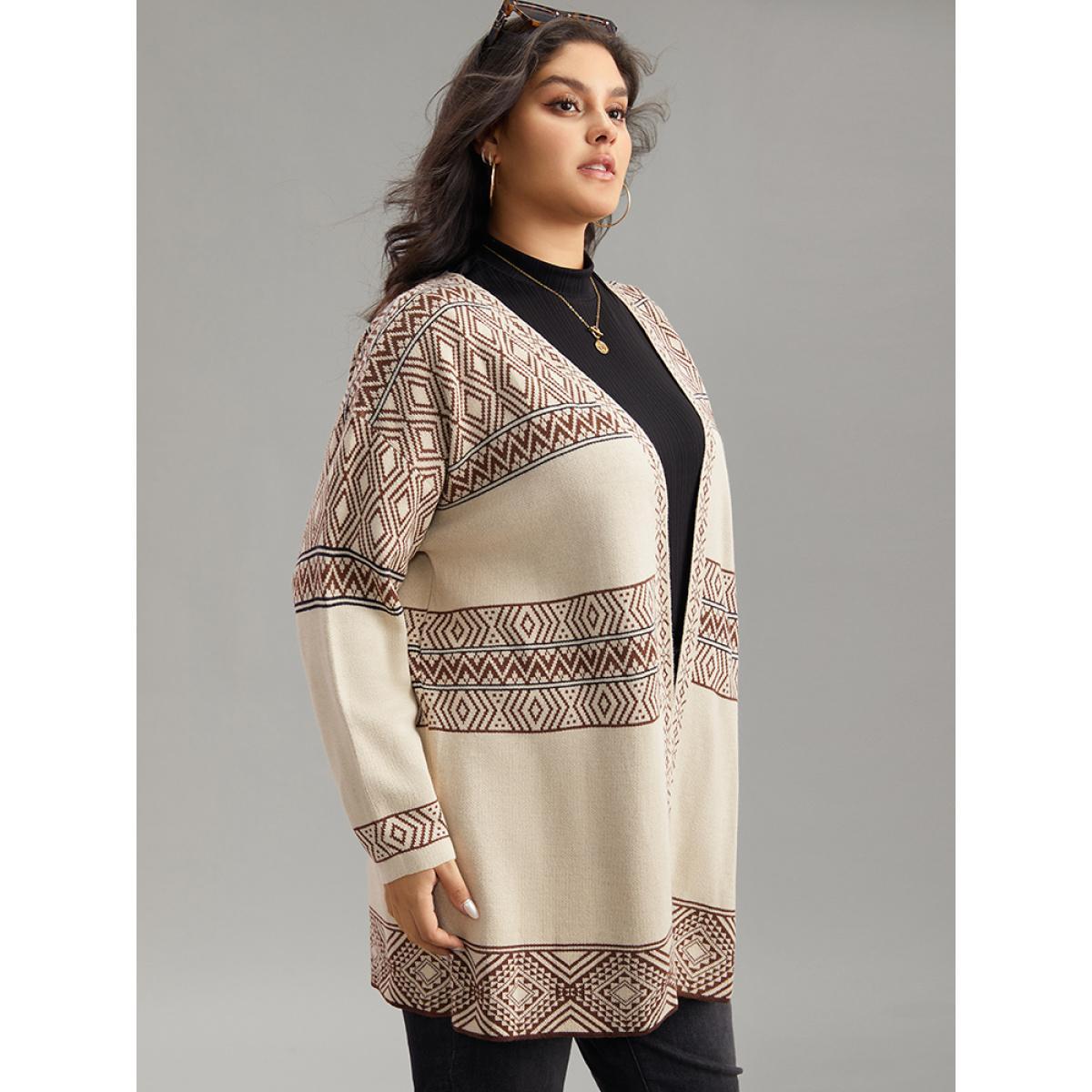 Plus Size Geometric Open Front Cardigan Champagne Women Casual Loose Long Sleeve Dailywear Cardigans BloomChic 12/L Product Image