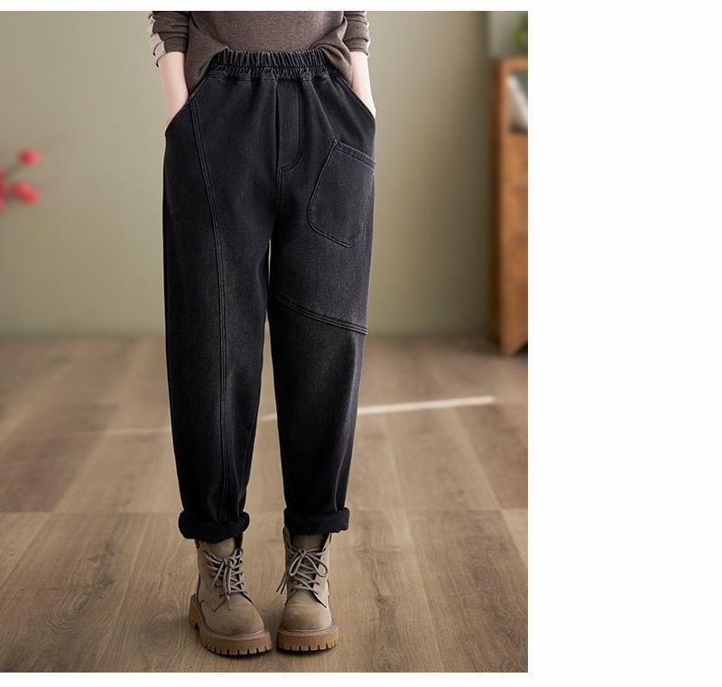 Elastic Waist Fleece-Lined Washed Baggy Jeans Product Image