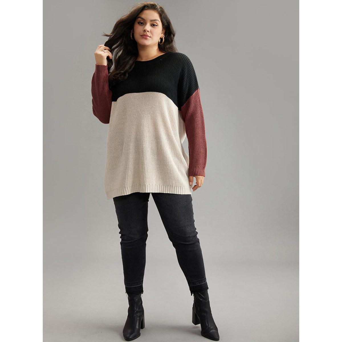 Plus Size Colorblock Contrast Crew Neck Pullover Multicolor Women Casual Loose Long Sleeve Round Neck Dailywear Pullovers BloomChic 28/5X Product Image