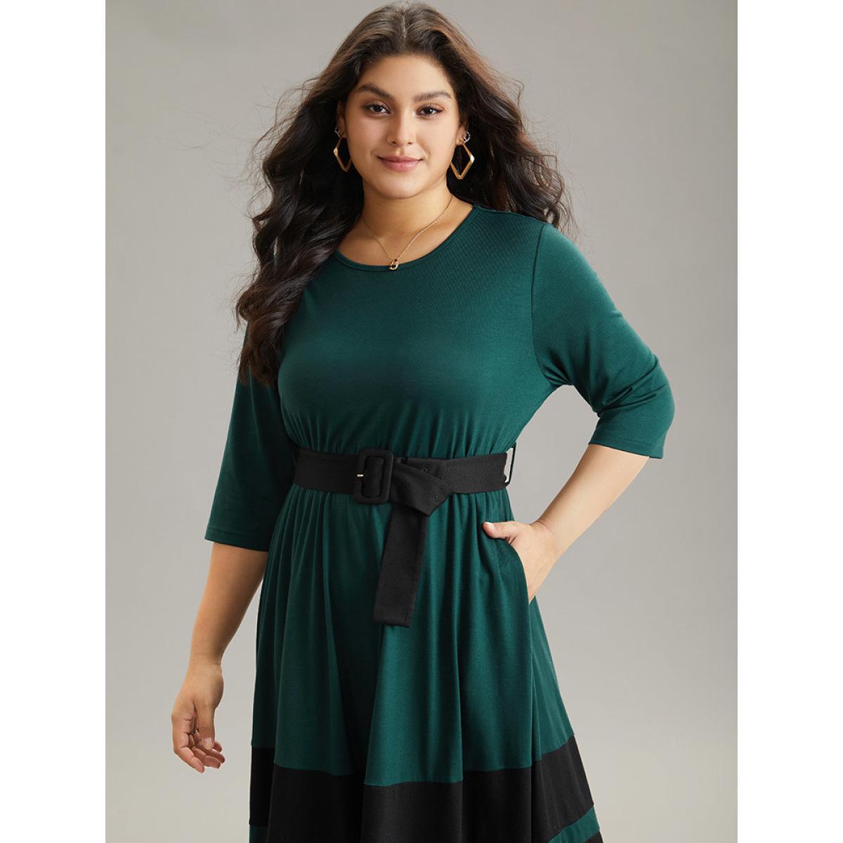 Plus Size Contrast Belted Buckle Detail Elastic Waist Dress DarkGreen Women Casual Belted Round Neck Elbow-length sleeve Curvy Midi Dress BloomChic 12/L Product Image
