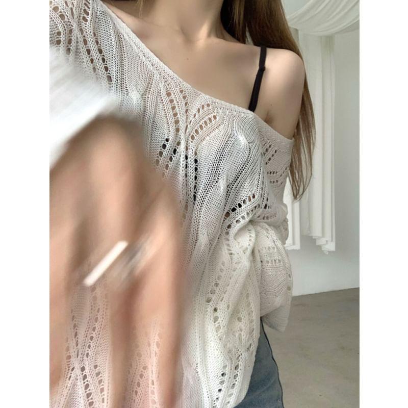Long-Sleeve V-Neck Plain Perforated Open Back Knit Top Product Image