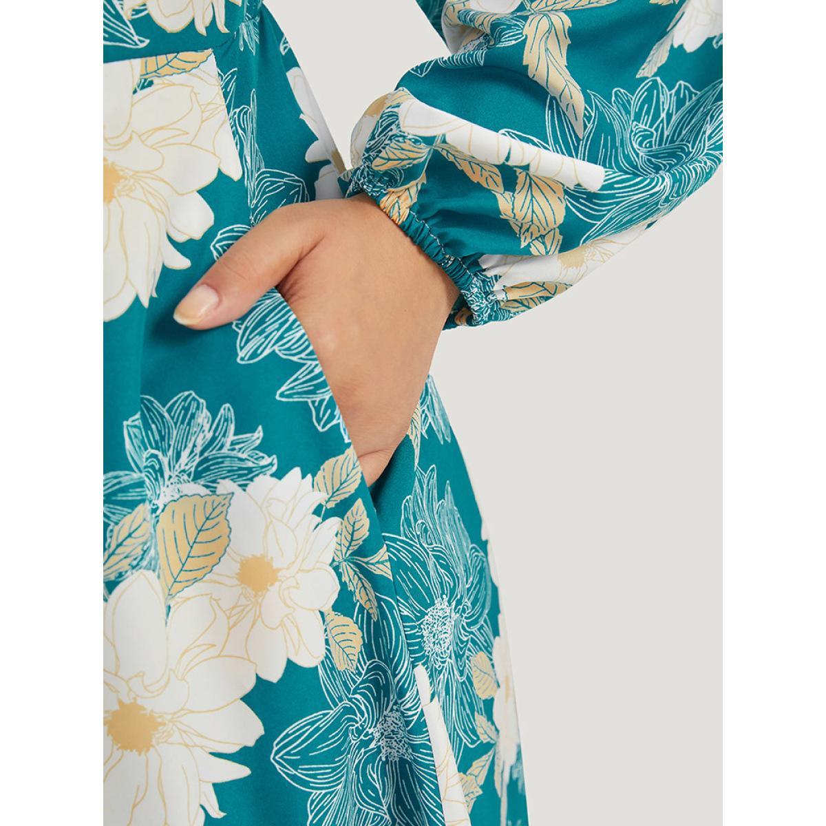 Plus Size Floral Print Wrap Tassel Trim Lantern Sleeve Dress Cerulean Women Elegant Elastic cuffs V-neck Long Sleeve Curvy Midi Dress BloomChic 12/L Product Image