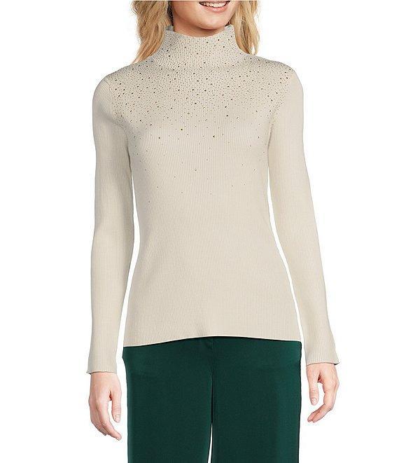 Calvin Klein Studded Mock Neck Long Sleeve Knit Top Product Image
