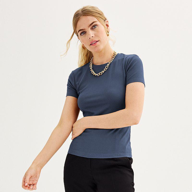 Women's Nine West Fitted Ribbed Crewneck Top, Size: XL, White Knight Product Image