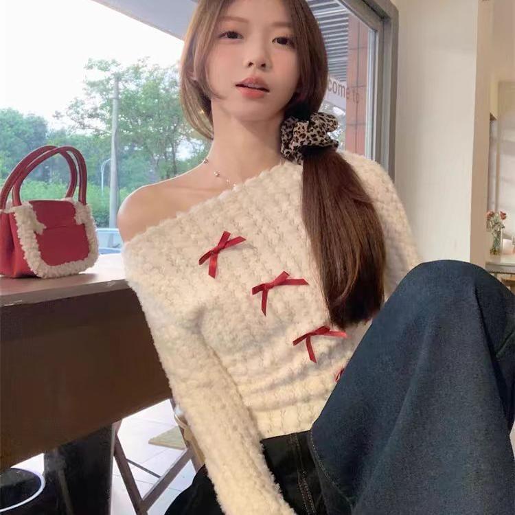 Long-Sleeve Off-Shoulder Bow Knit Top Product Image