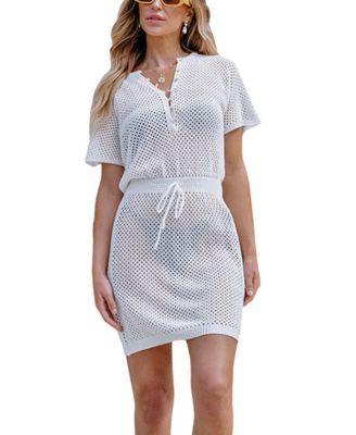 Cupshe Womens White Open Knit Front Button Cover-Up Product Image