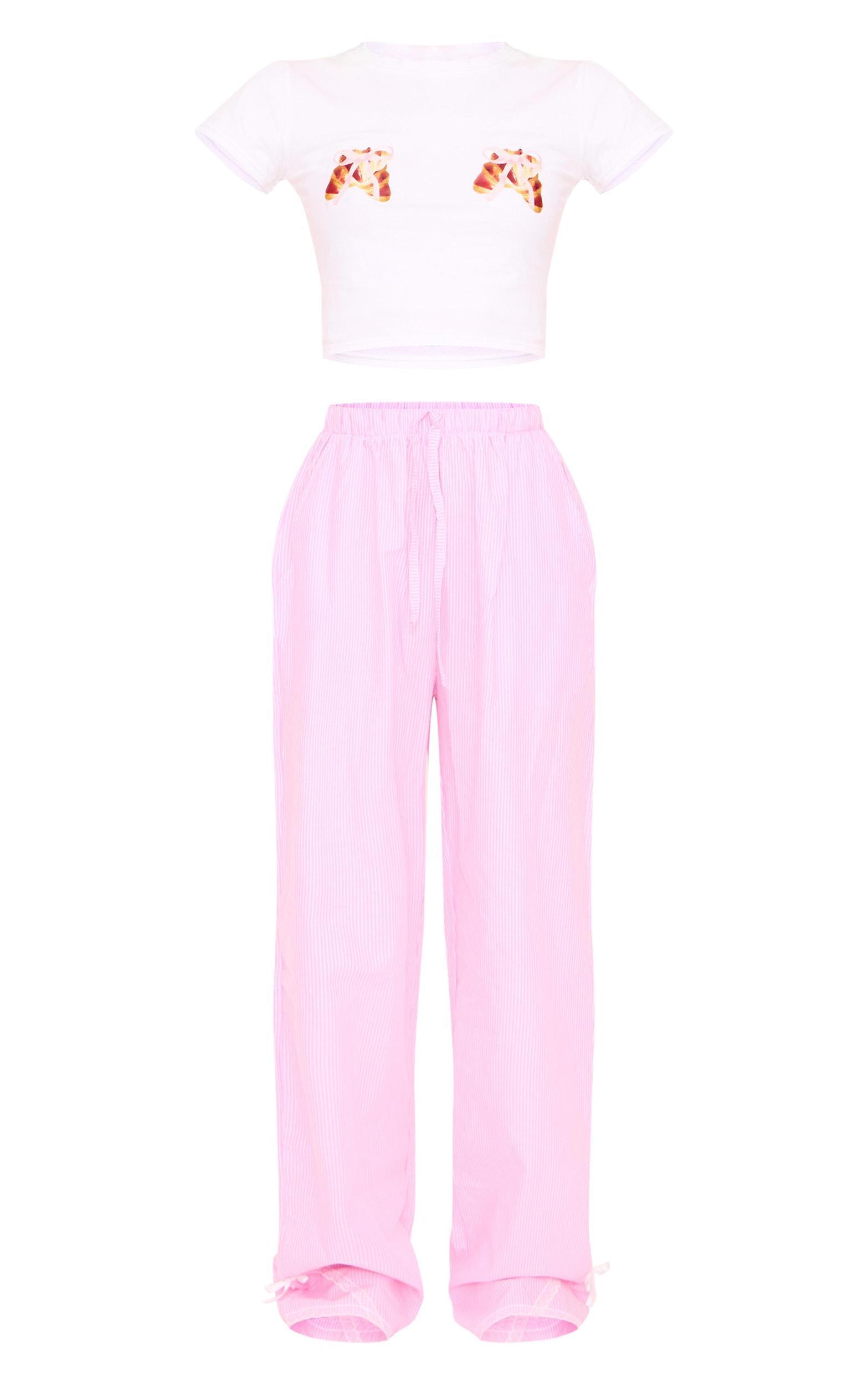 Pink Stripe Croissant Bow Long Pant Lace Detail Set Product Image