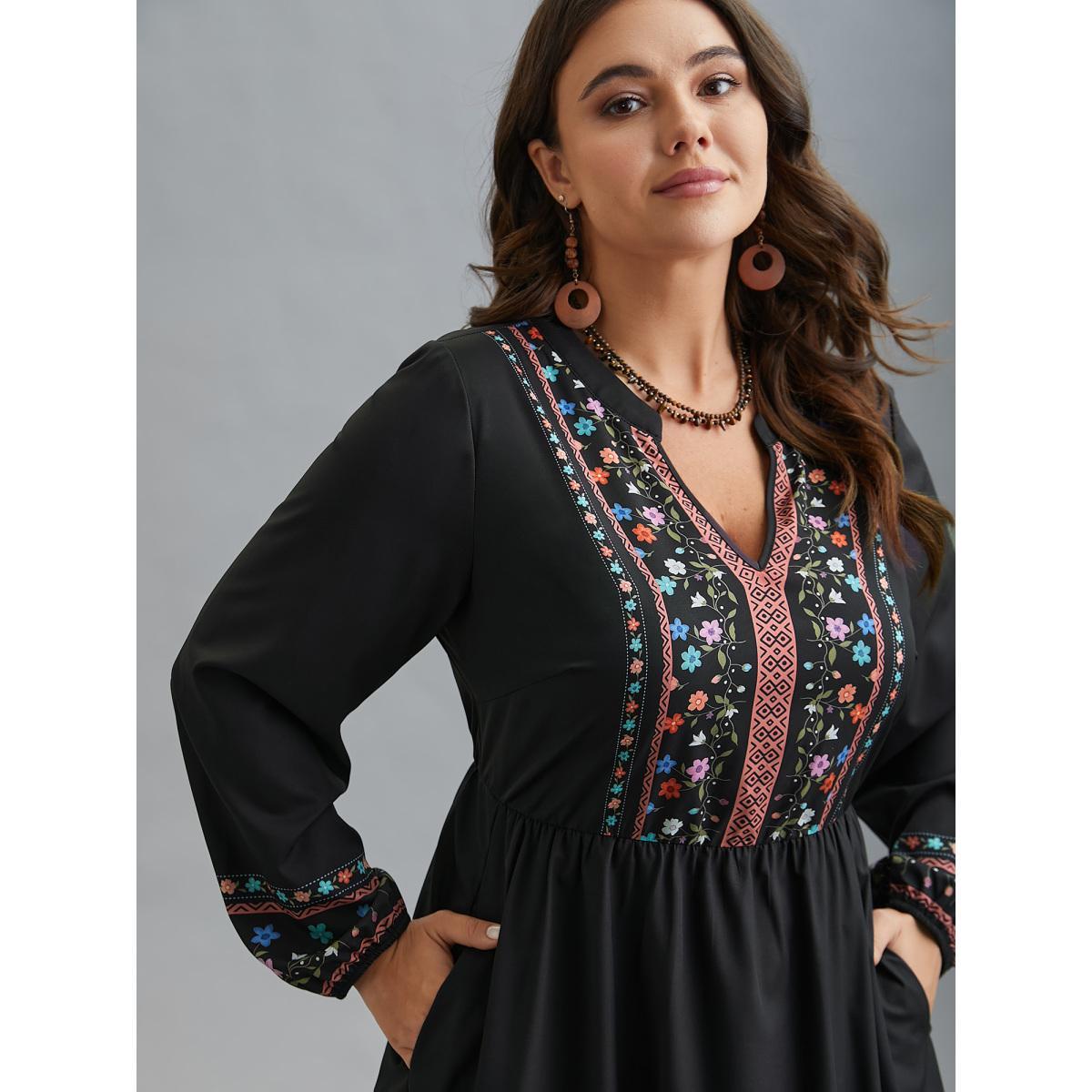 Plus Size Notched Collar Boho Print Midi Dress Black Women Resort Non Notched collar Long Sleeve Curvy BloomChic 28/5X Product Image
