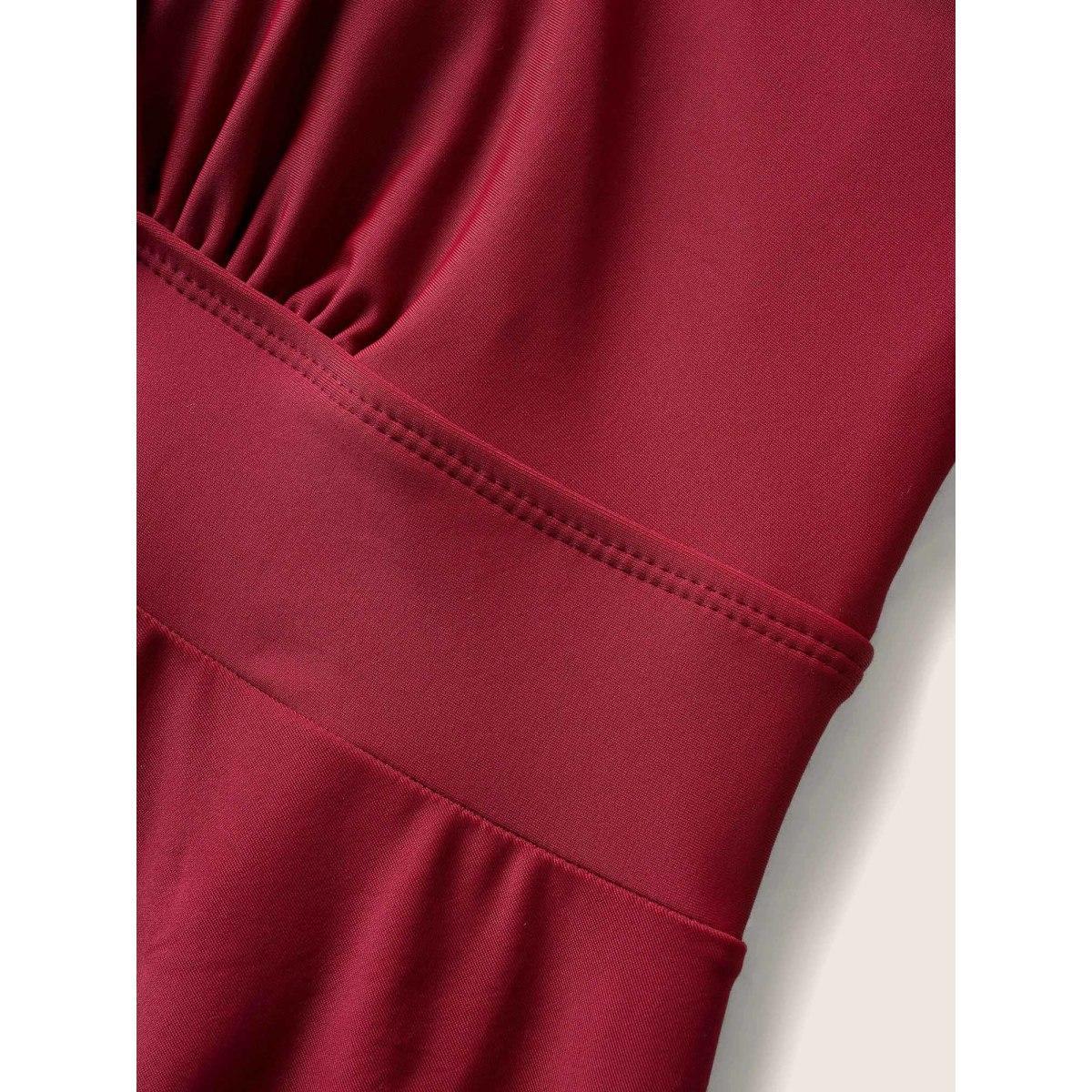 Plus Size Solid Overlap Collar Lace Patchwork Gathered Swim Dress Women's Swimwear Deepred Beach Bodycon Overlap Collar High stretch Curve Swim Dresses BloomChic 30/6X Product Image