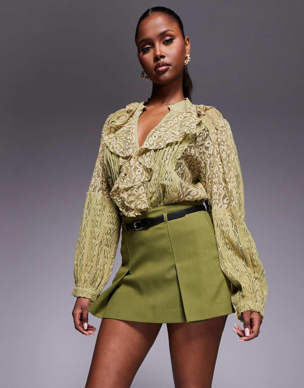River Island belted tailored mini skort in khaki Product Image