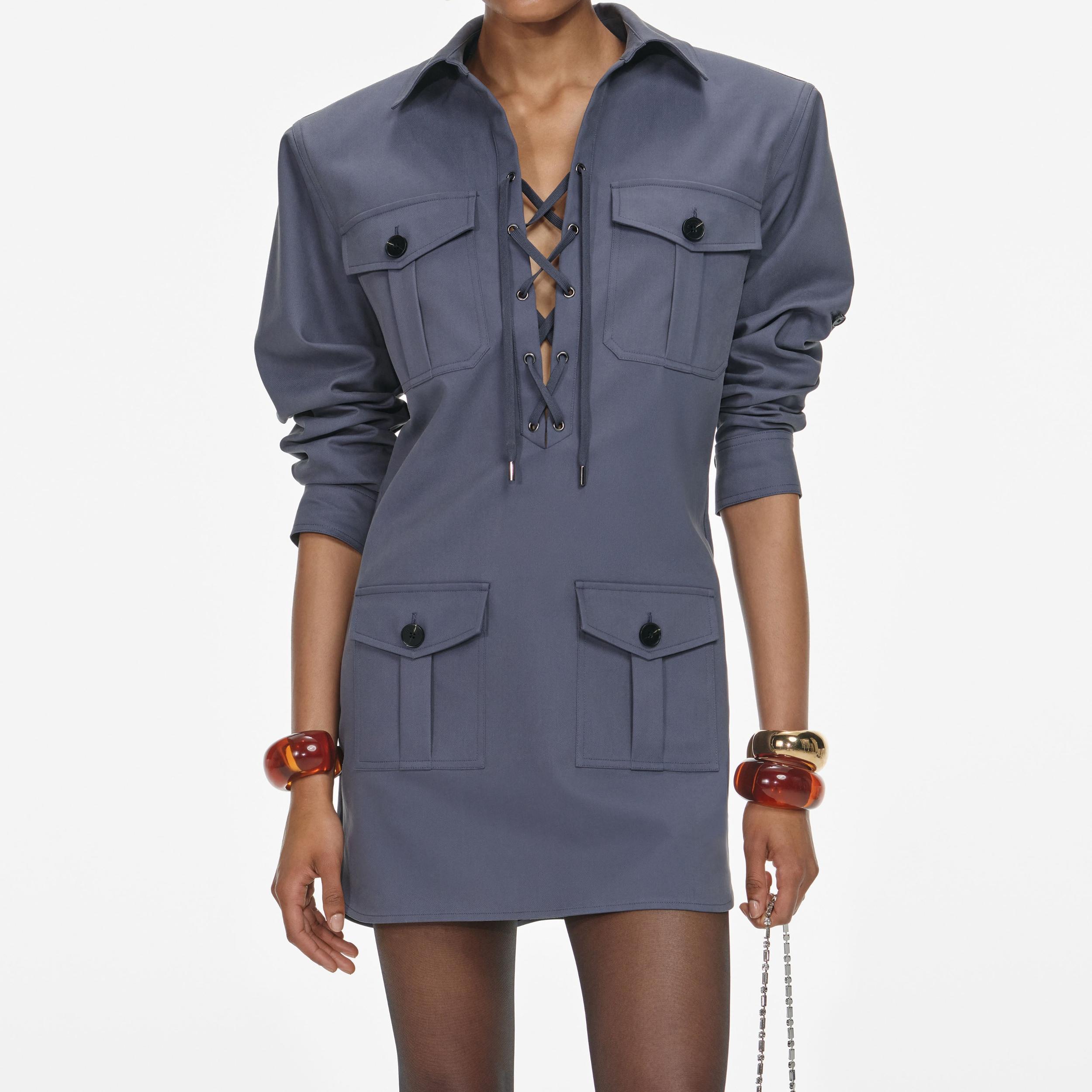Grey Cotton Long Sleeve Mini Dress Product Image