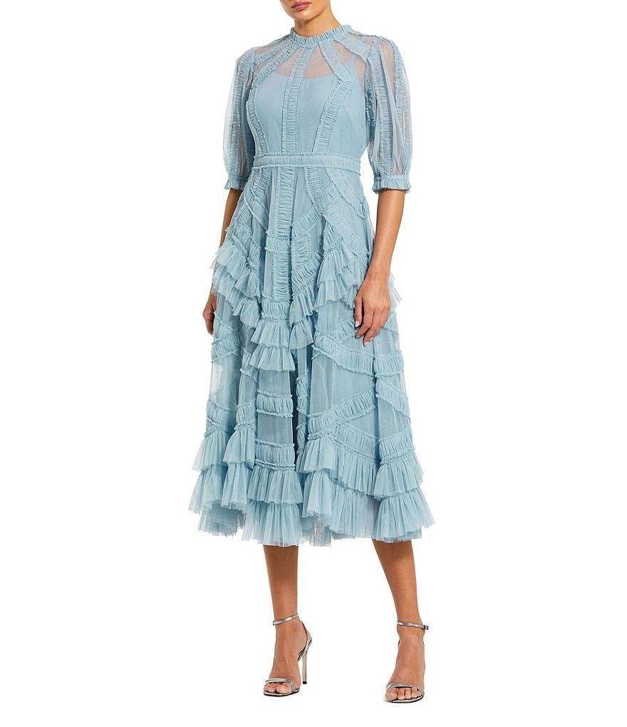 Mac Duggal Mock Neck Short Sleeve Tiered Ruffled Pleated Embellished A-Line Midi Dress Product Image