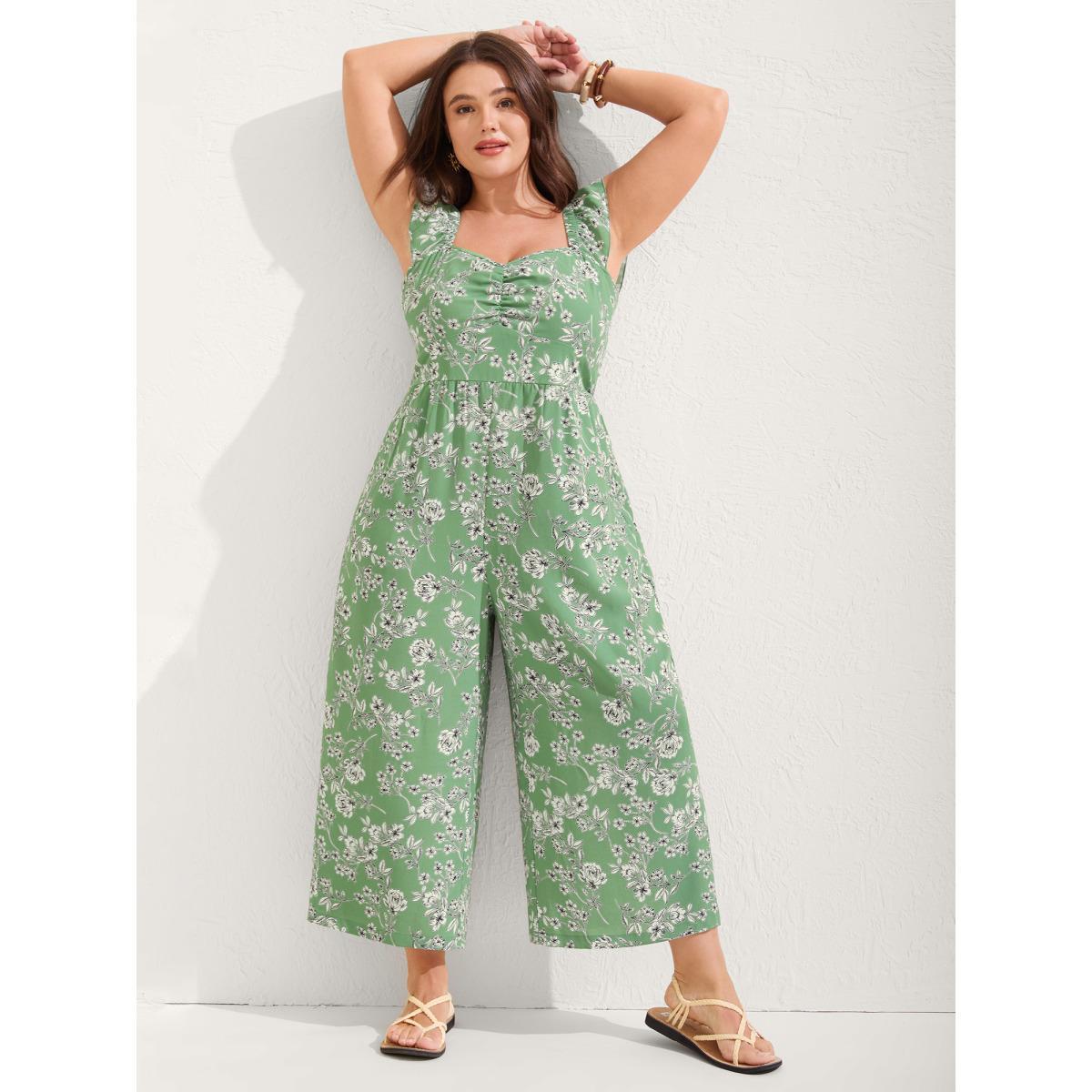 Plus Size Greenbean Floral Print Ruched Flutter Detail Jumpsuit Women Cap Sleeve Heart neckline Vacation Loose Jumpsuits BloomChic 28/5X Product Image